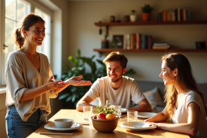 Trois amis souriants autour d’une table ensoleillée