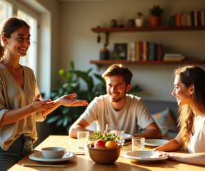 Trois amis souriants autour d’une table ensoleillée