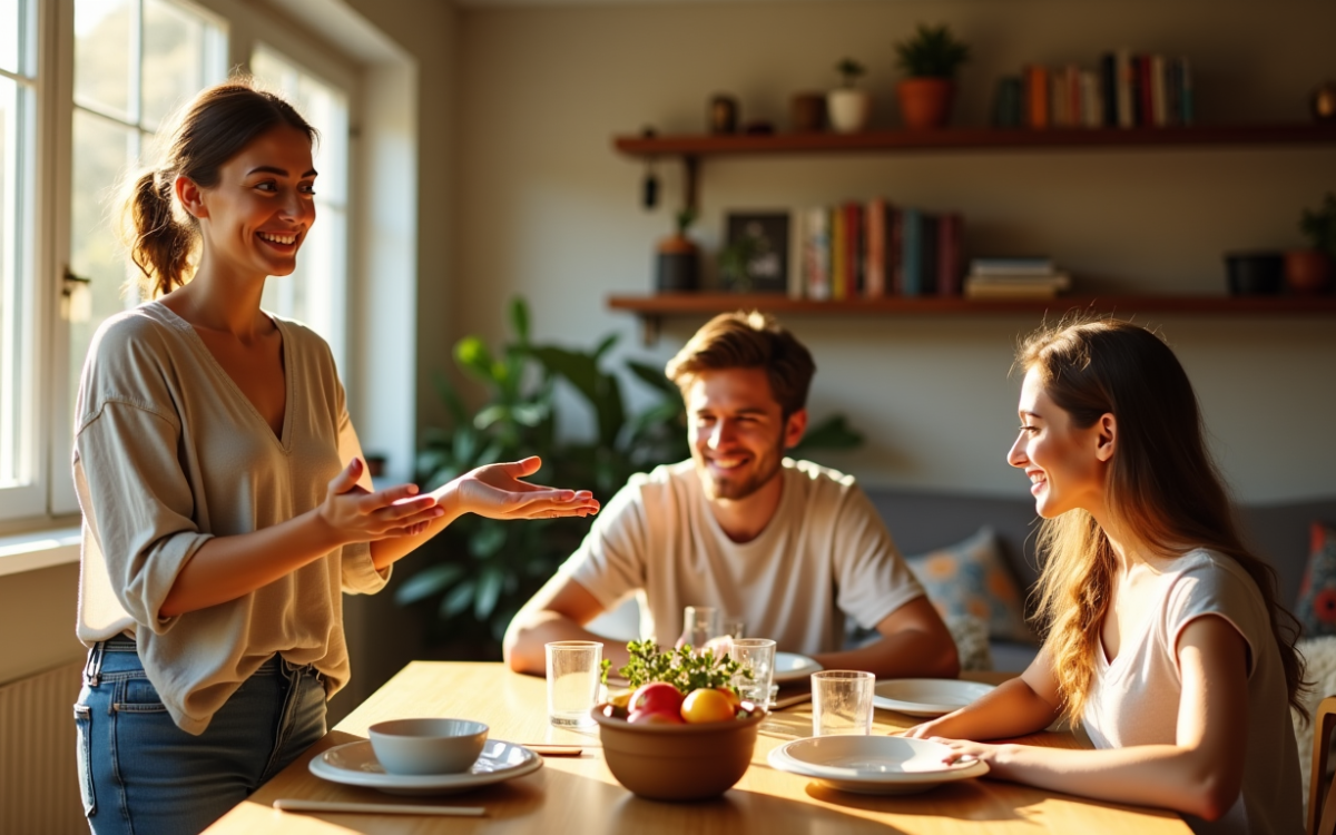 Trois amis souriants autour d’une table ensoleillée