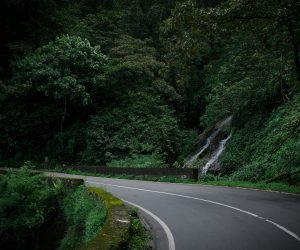 Route sinueuse en forêt tropicale avec cascade