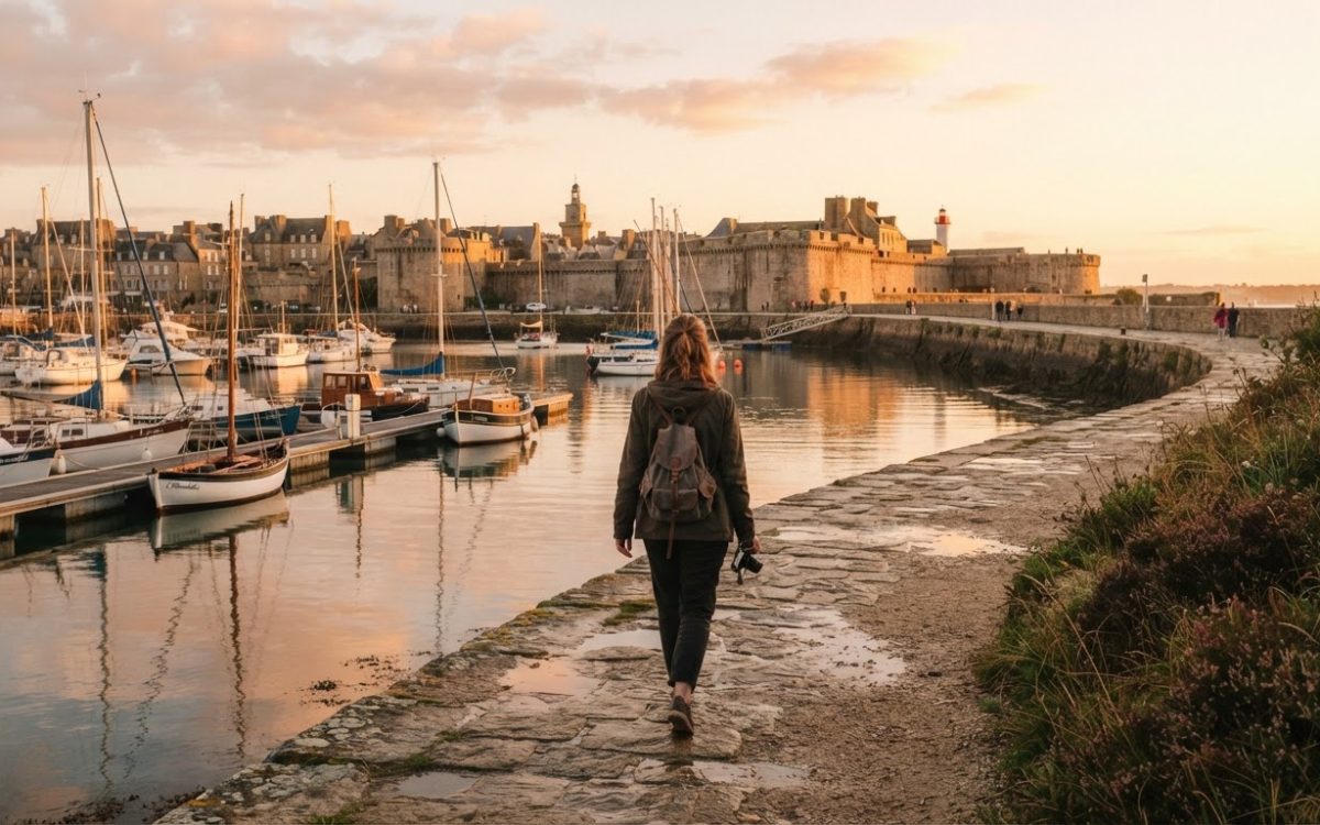 Promeneuse face au port fortifié de Saint-Malo au coucher du soleil